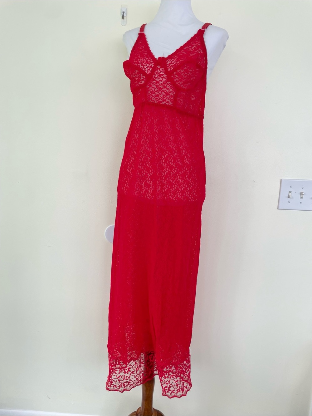Lace Sheer Red Midi Dress Lingerie Chemise Slip Sz L Large